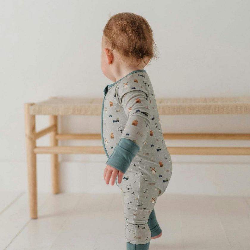 Baby Boy Long Sleeve Zip Romper in Farm