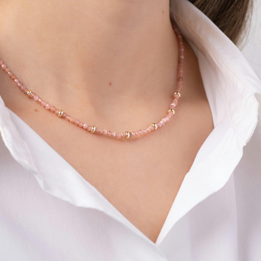 14K Gold Pink Rhodochrosite Segment Bead Necklace