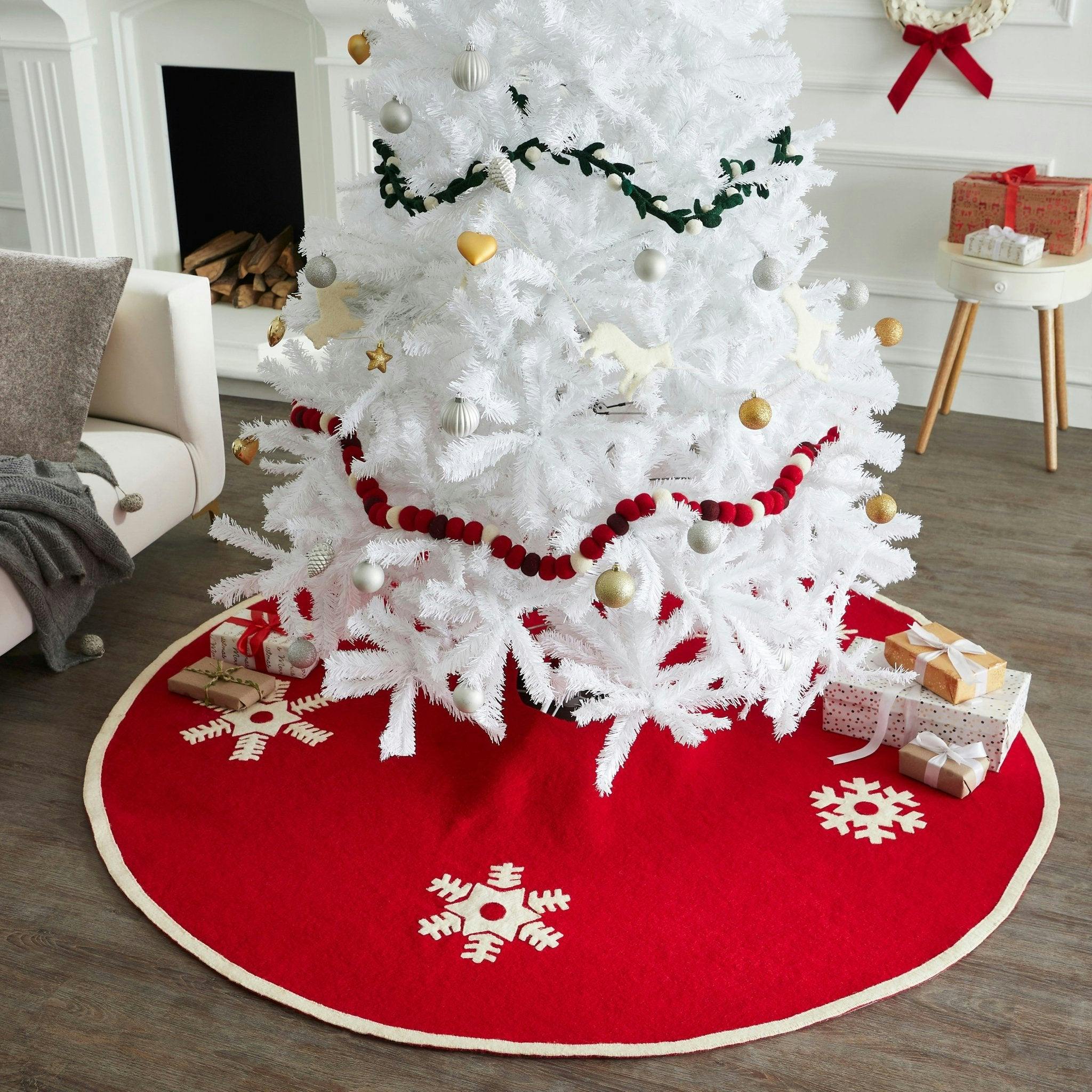Handmade Snowflakes Red Christmas Tree Skirt Felt