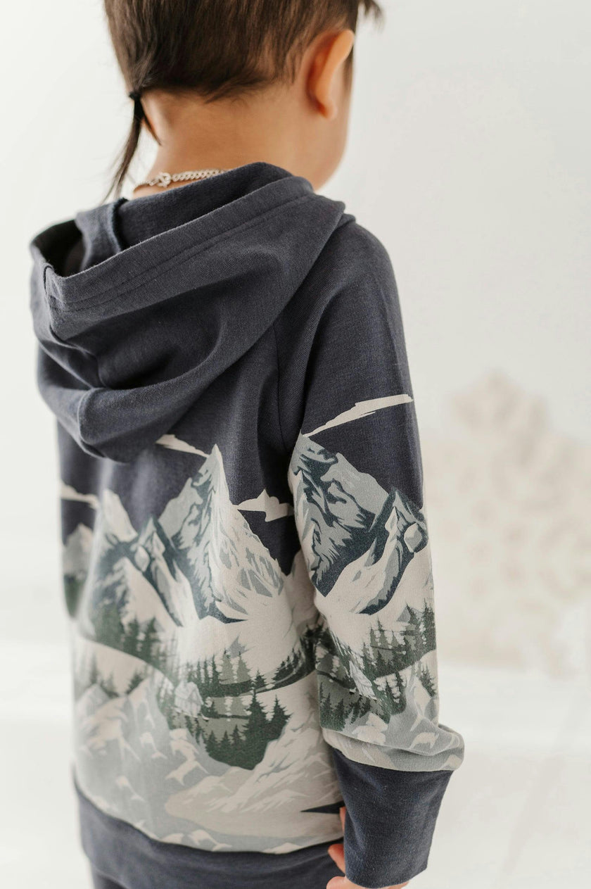 Boys Scenic Raglan Hoodie in Mountains on Nightfall Blue