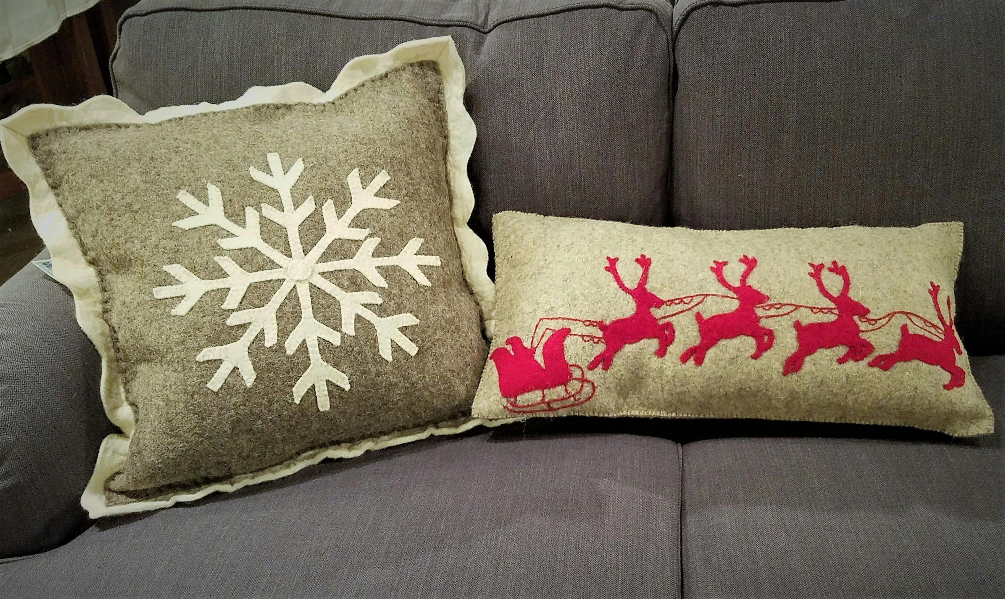 Handmade Christmas Pillow Hand Felted Wool - Big Snowflake Gray - 20