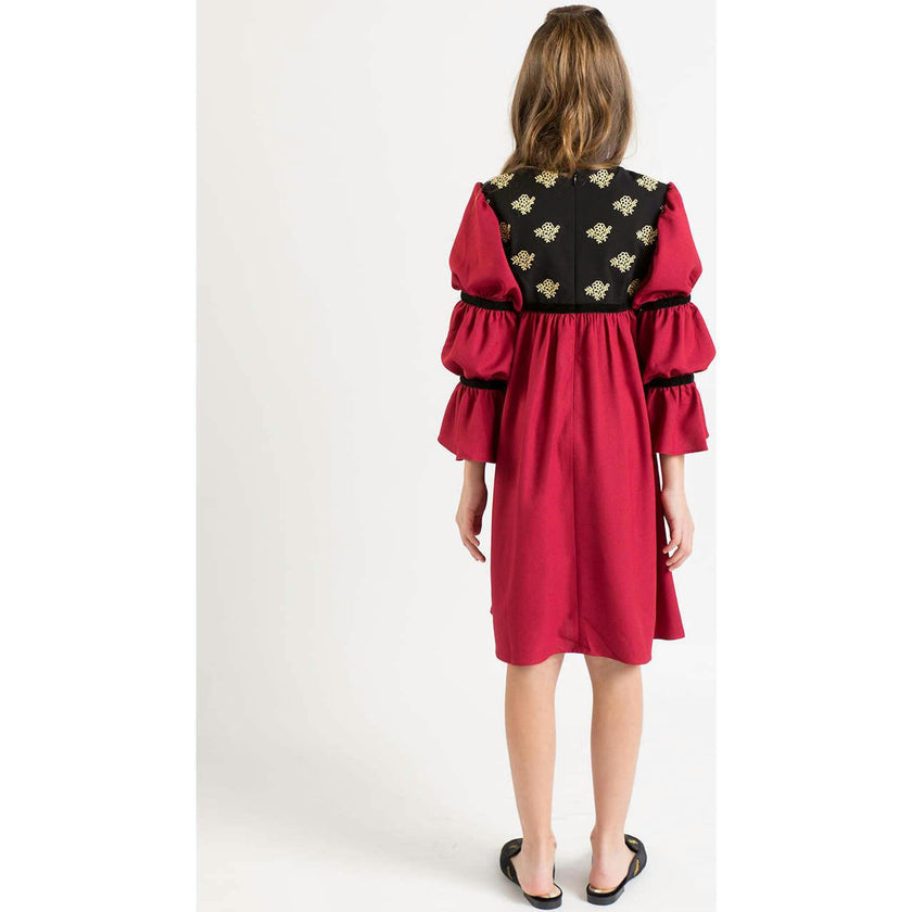 Bella dress (burgundy with golden embroidery blooms)