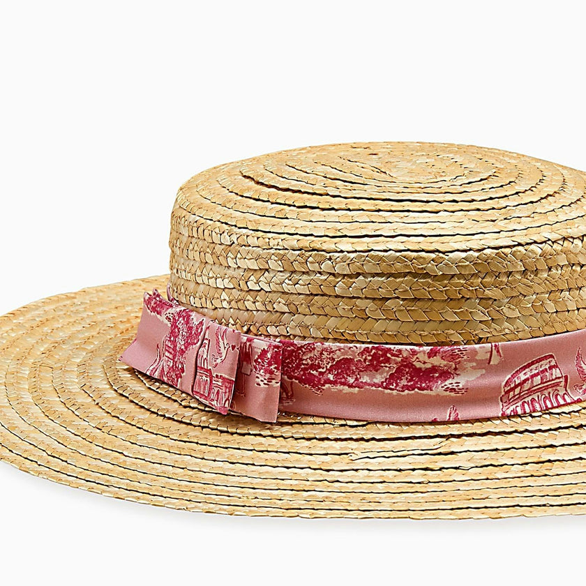 Nicky Hilton x La Coqueta Pink Toile de Jouy Portia Girl Straw Hat