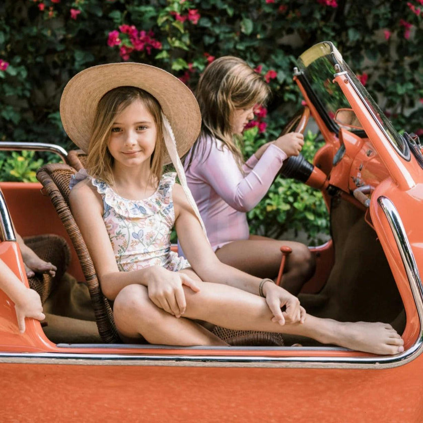 Zinnia Sun Hat for Little Girls (Age 4-10) - Long Pastel Pink Grosgrain Ribbon