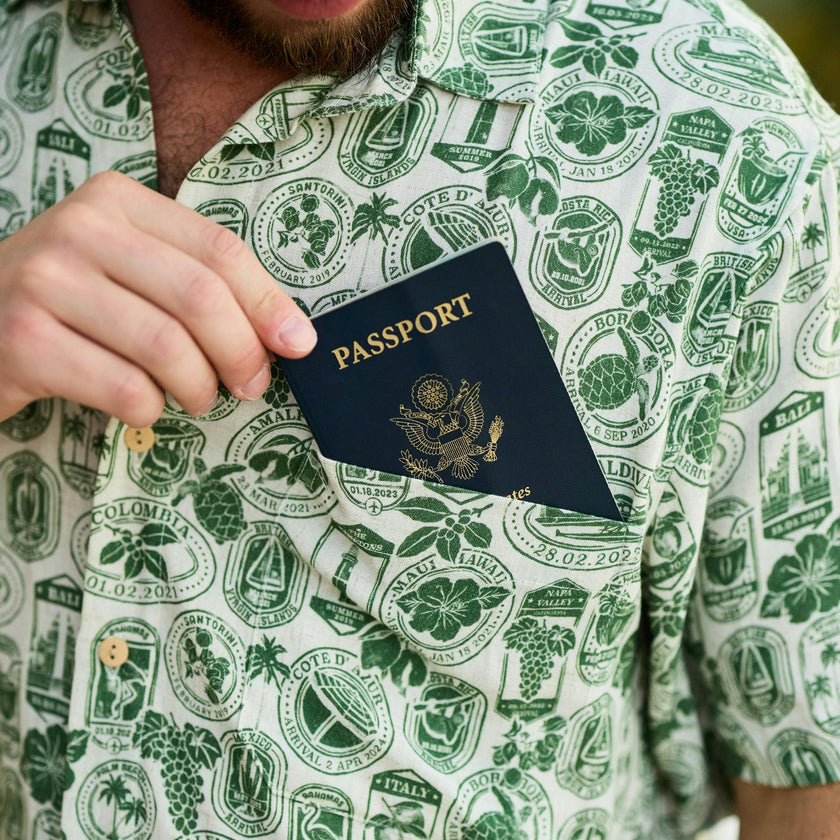 The Passport to Paradise - Men's Linen Passport Stamp Hawaiian Shirt