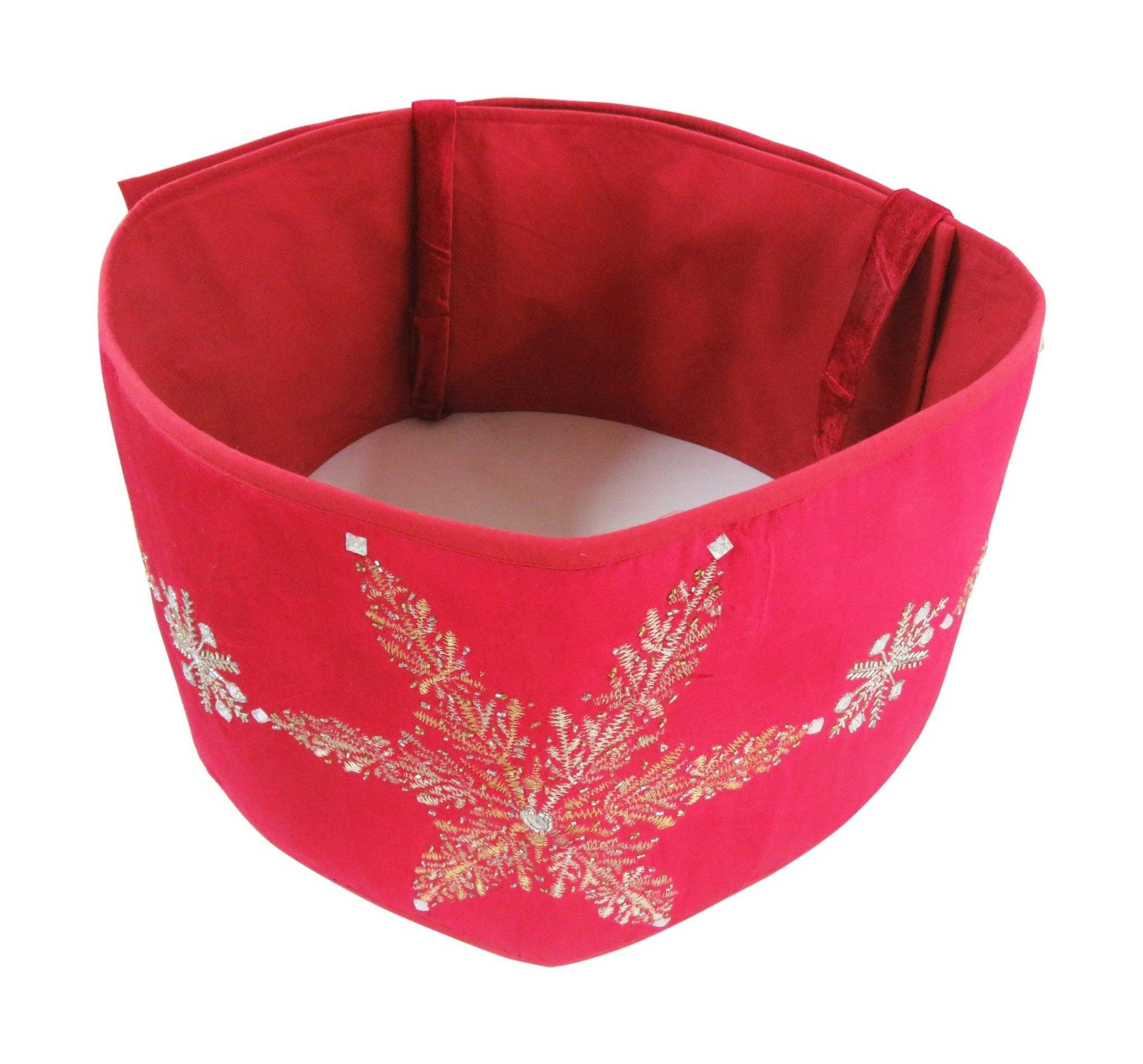 Handmade Adjustable Christmas Tree Collar - Silver Snowflakes Red Velvet
