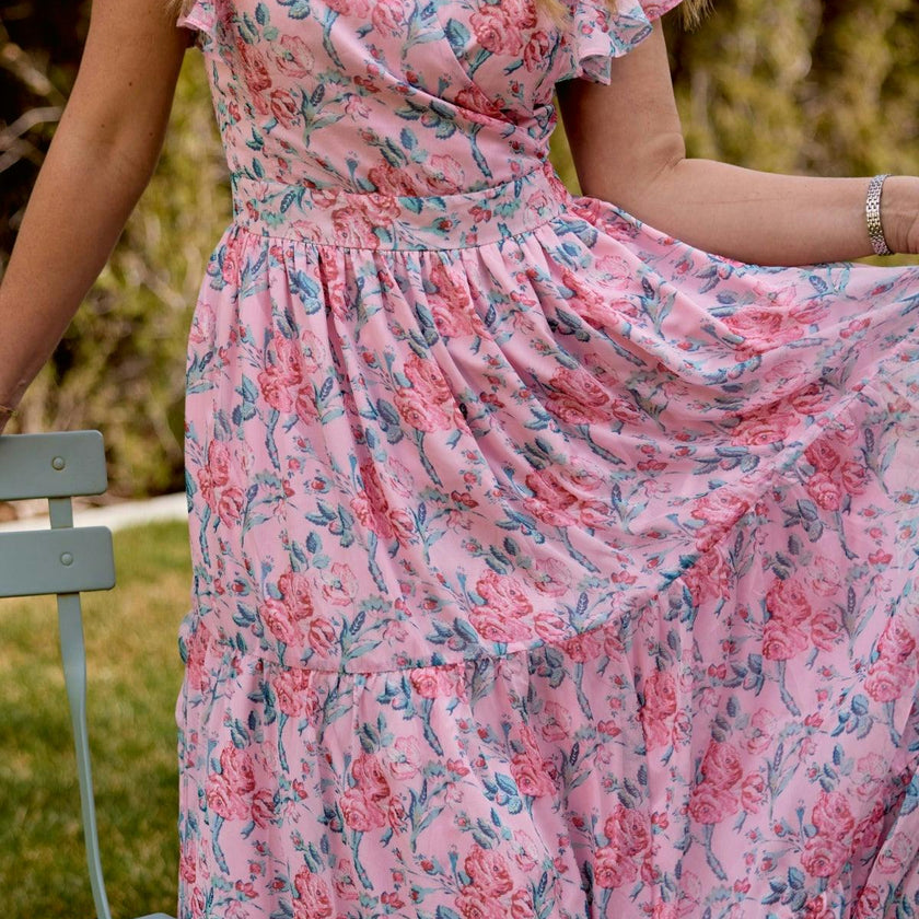 Trixie Dress in Pink Sketched Flower Chiffon