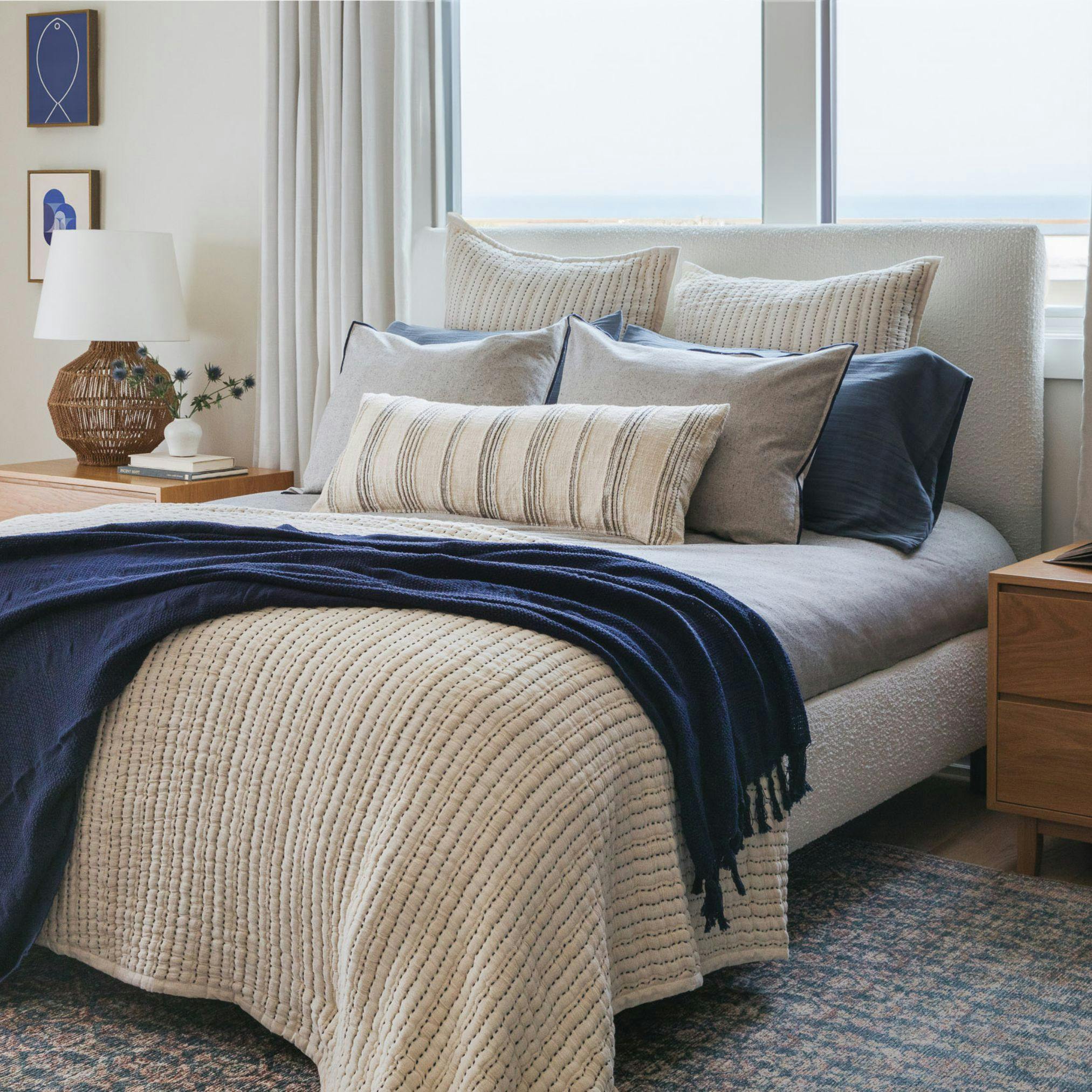 Tide Stripe Blue & Ivory Distressed Lumbar Pillow