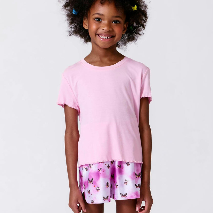 Girls Short Sleeve Lettuce Edge Tee in Baby Pink