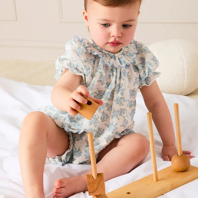 Esme Floral Swiss Voile Scallop Detail All-In-One Pyjamas in Blue (9mths-2yrs)