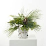 Mixed Winter Greenery & Pinecone Rustic Arrangement in White Birch Cylinder