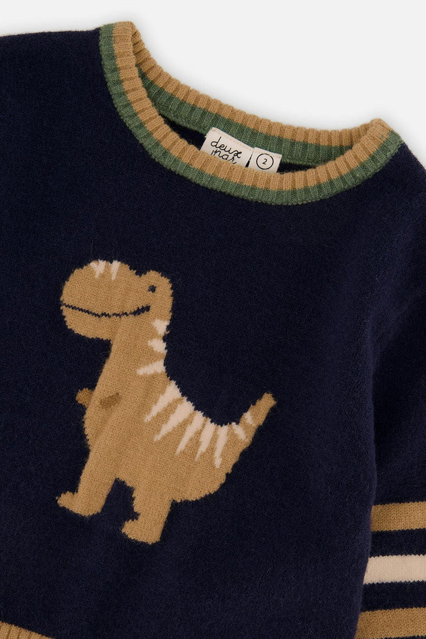 Knit Sweater With Intarsia Dark Blue, Brown And Beige