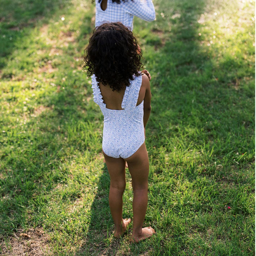 girls slate floral ruffle strap one piece