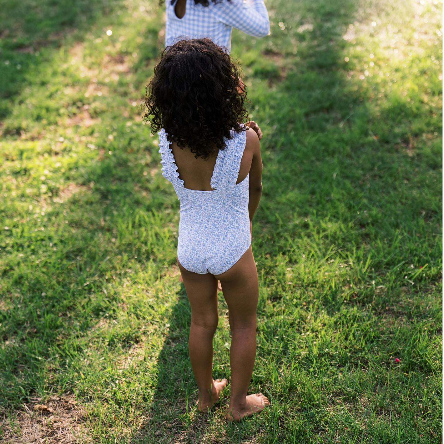 girls slate floral ruffle strap one piece
