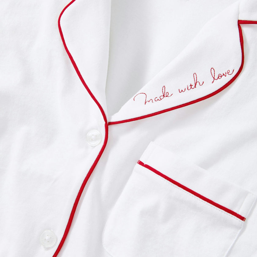 Women's Pima Pajama Set in White with 'Made with Love' Embroidery