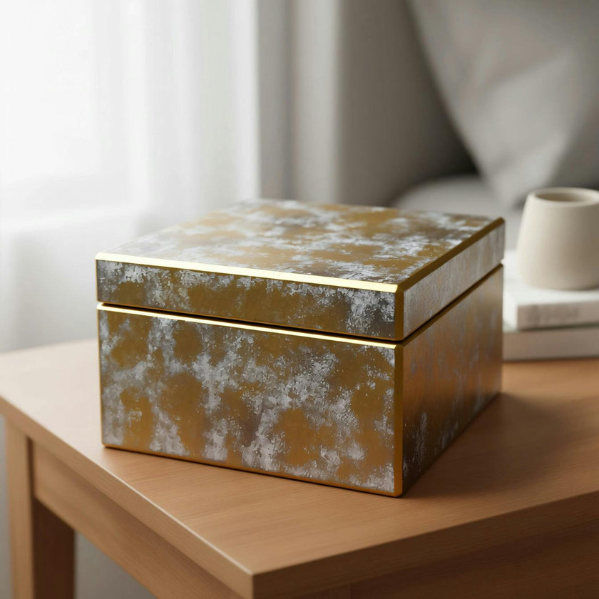 Handmade Reverse Painted Mirror Square Box Antique Gold and Silver - Large Arcadia Home