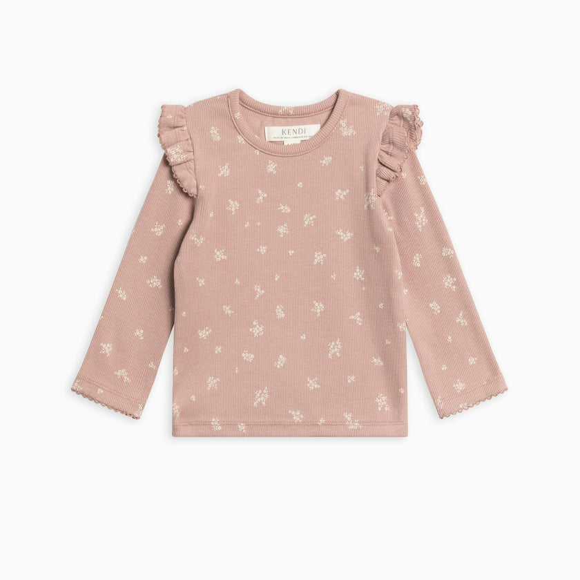 KENDI Rina Ribbed Ruffle Long Sleeve Top