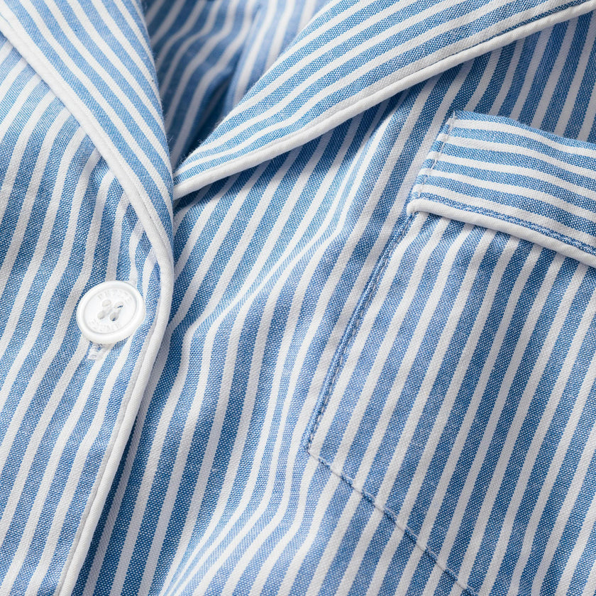 Women's Twill Long Sleeve Short Set in French Blue Heritage Stripe