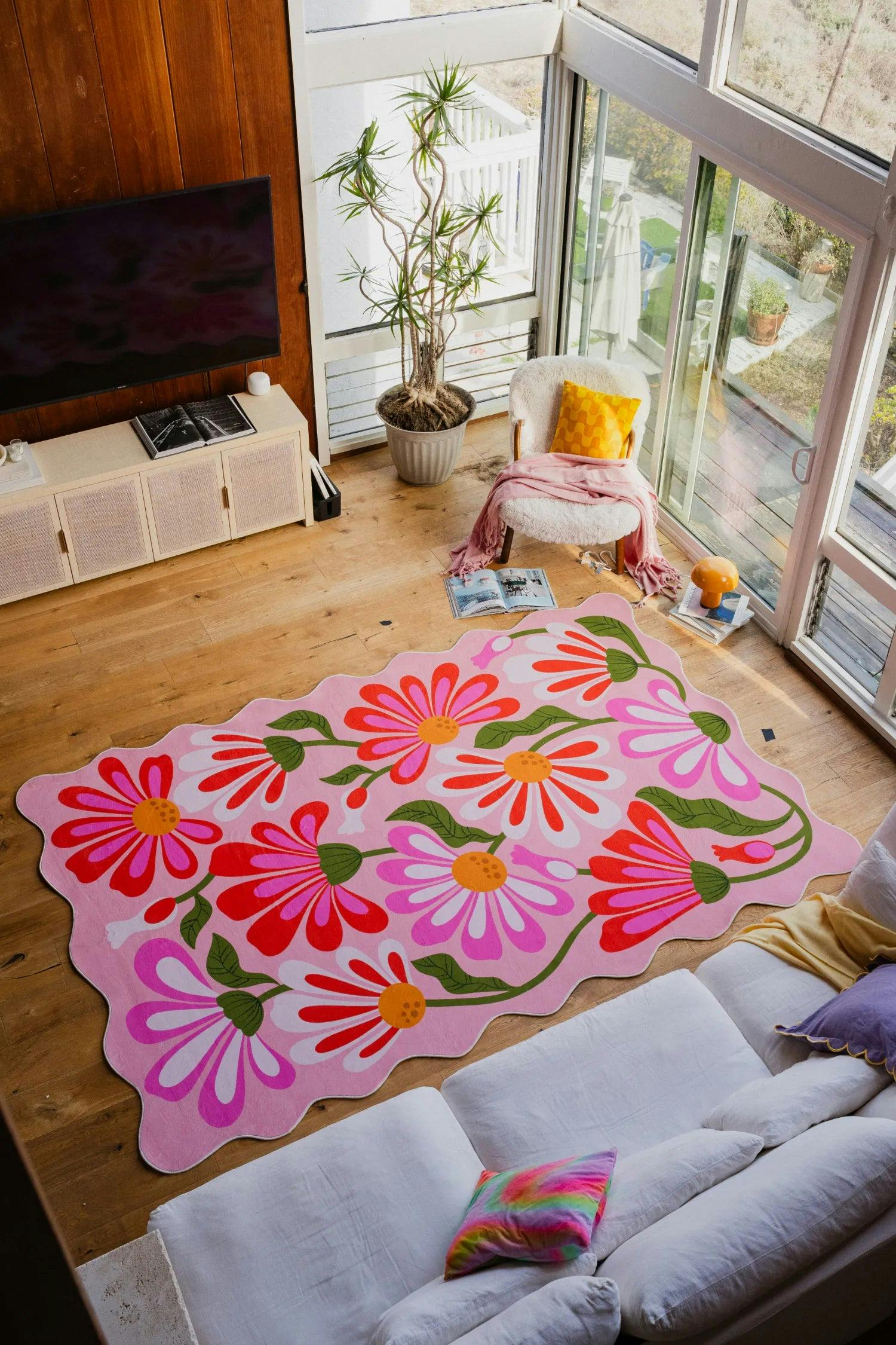 Pink Base Pink Floral Wavy Rug by Jessica Miller
