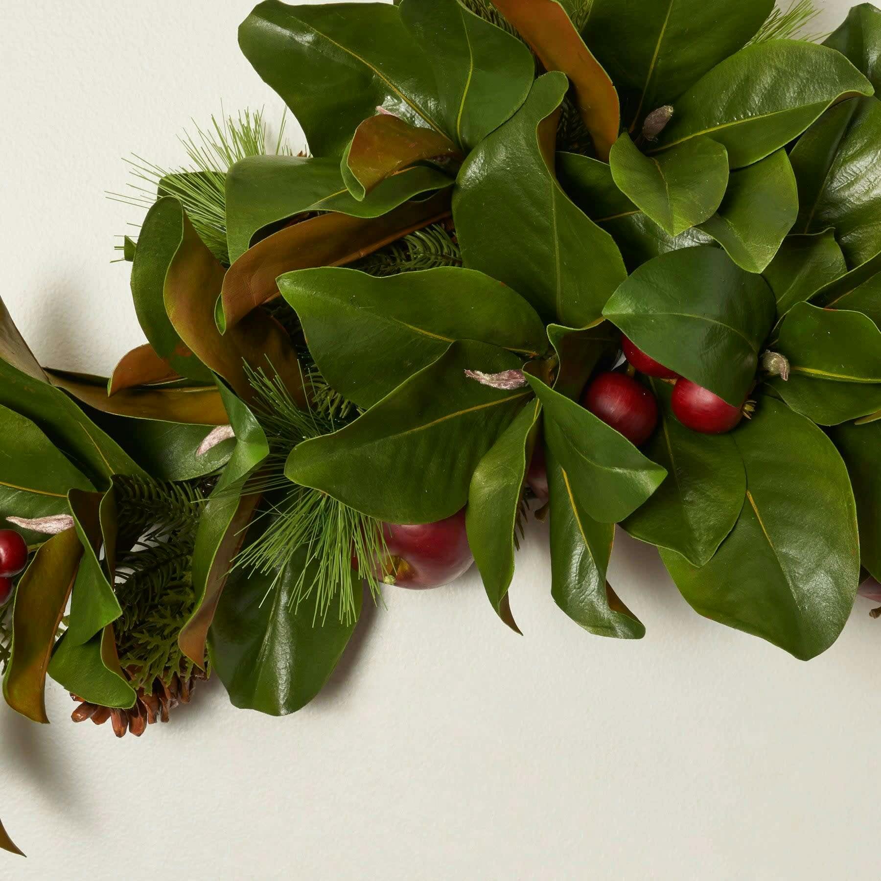 Real Touch Magnolia Leaf, Scotch Pine, & Faux Red Apple Classic Holiday Doorway Arched Swag