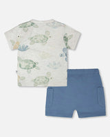 Jersey T-Shirt And Organic Cotton Jersey Shorts Set Grey Mix Turtle Print And Medium Blue