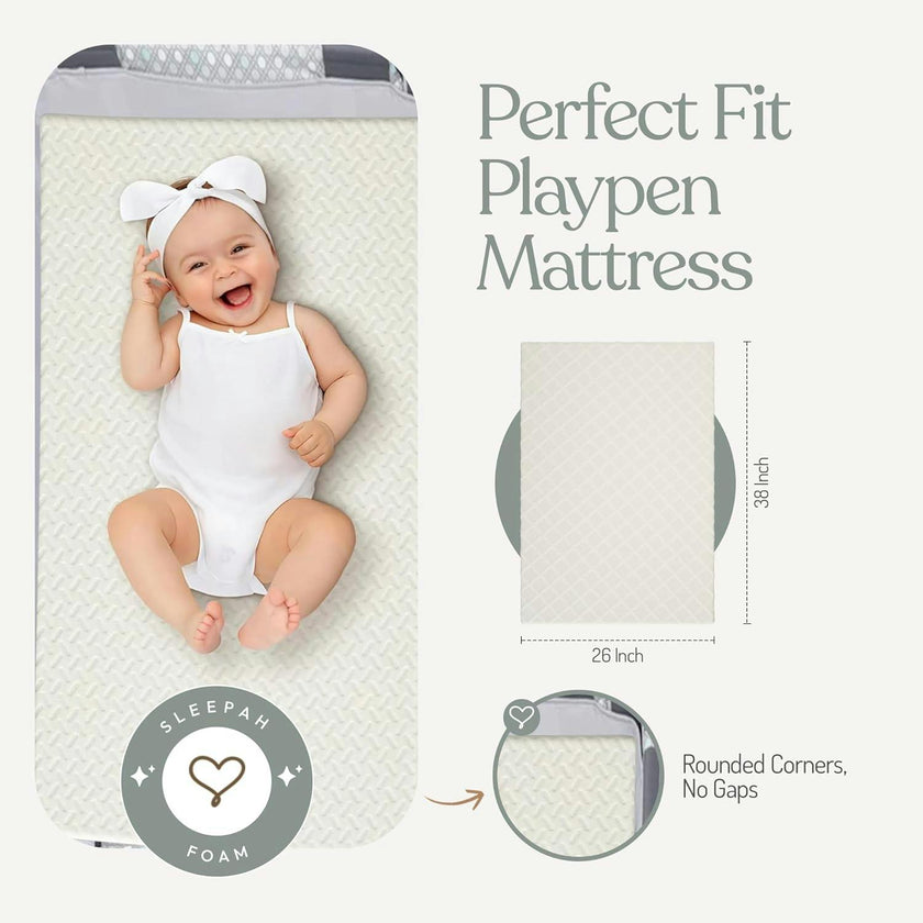 Sleepah Pack and Play Mattress Foam Pad 38 x 26 x 1.5 for Playpen, Portable Playyard Mattress waterproof Washable & Removable Cover Breathable Mattress Topper