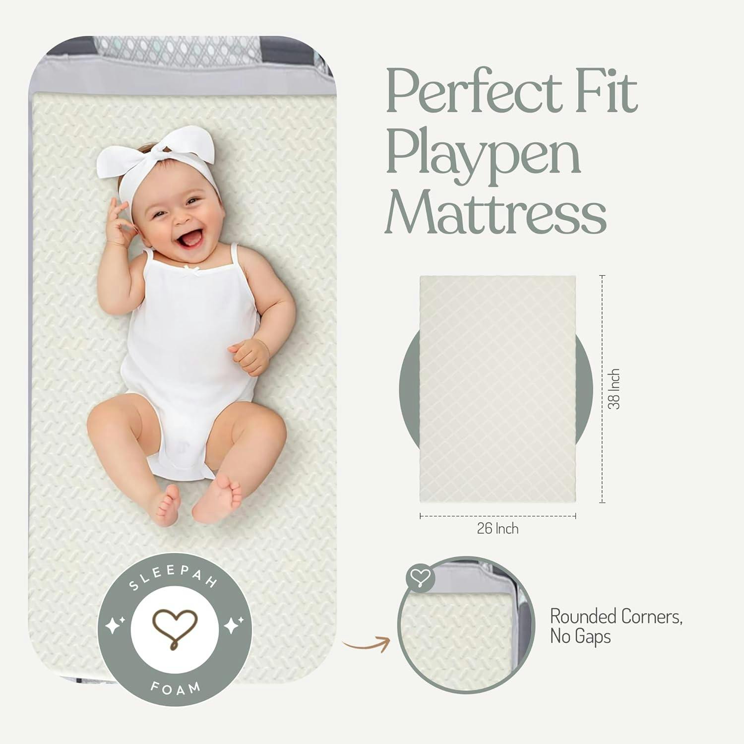 Sleepah Pack and Play Mattress Foam Pad 38 x 26 x 1.5 for Playpen, Portable Playyard Mattress waterproof Washable & Removable Cover Breathable Mattress Topper