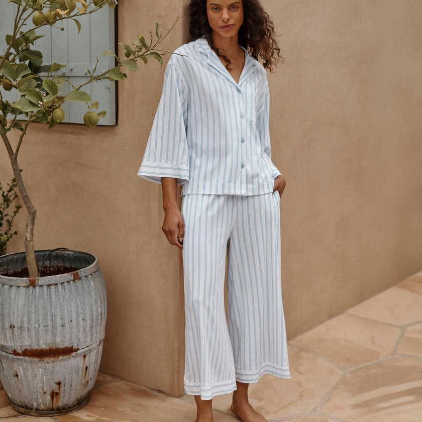 The Olivia Wide Leg Pima Pajama Set in Periwinkle Stripe