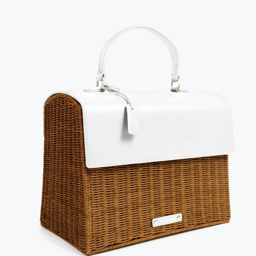 Large, Insulated, Hand-Woven Wicker Lunchbox, Dark White