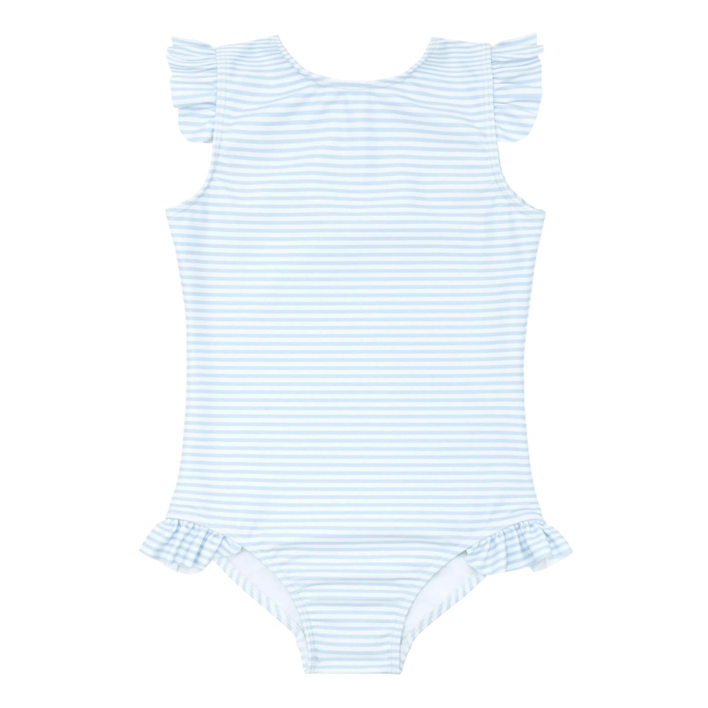 girls powder blue stripe ruffle cap sleeve one piece