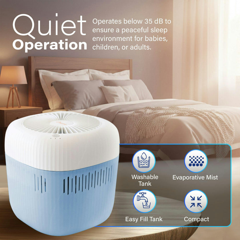 Evaporative  Humidifier, Cool Mist 0.5 Gal Top Fill, UV Light, Wick Filter