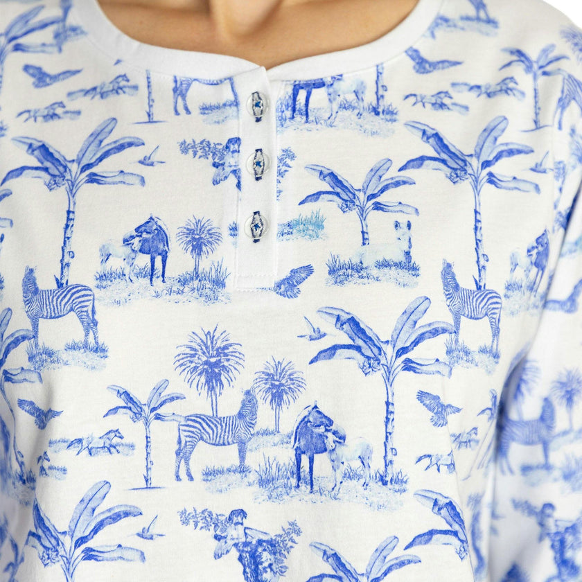 Women's Skydog Toile Blue Jersey Long PJ Set - Organic Stretch Cotton