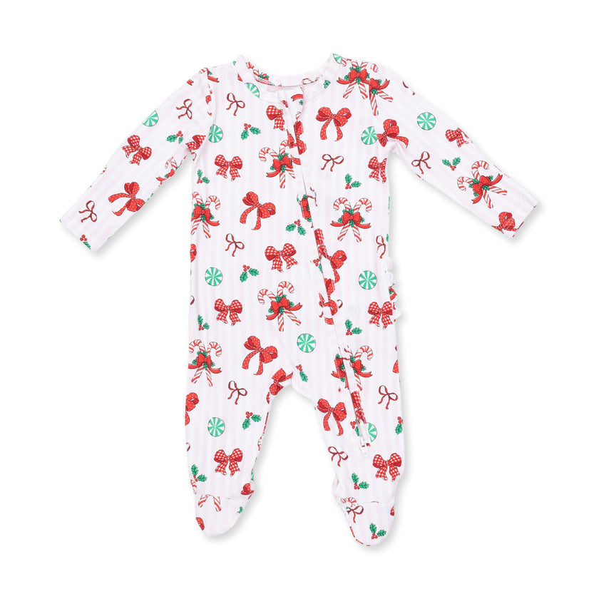 Bows & Candy Canes - Bamboo - 2 Way Ruffle Back Zipper Footie