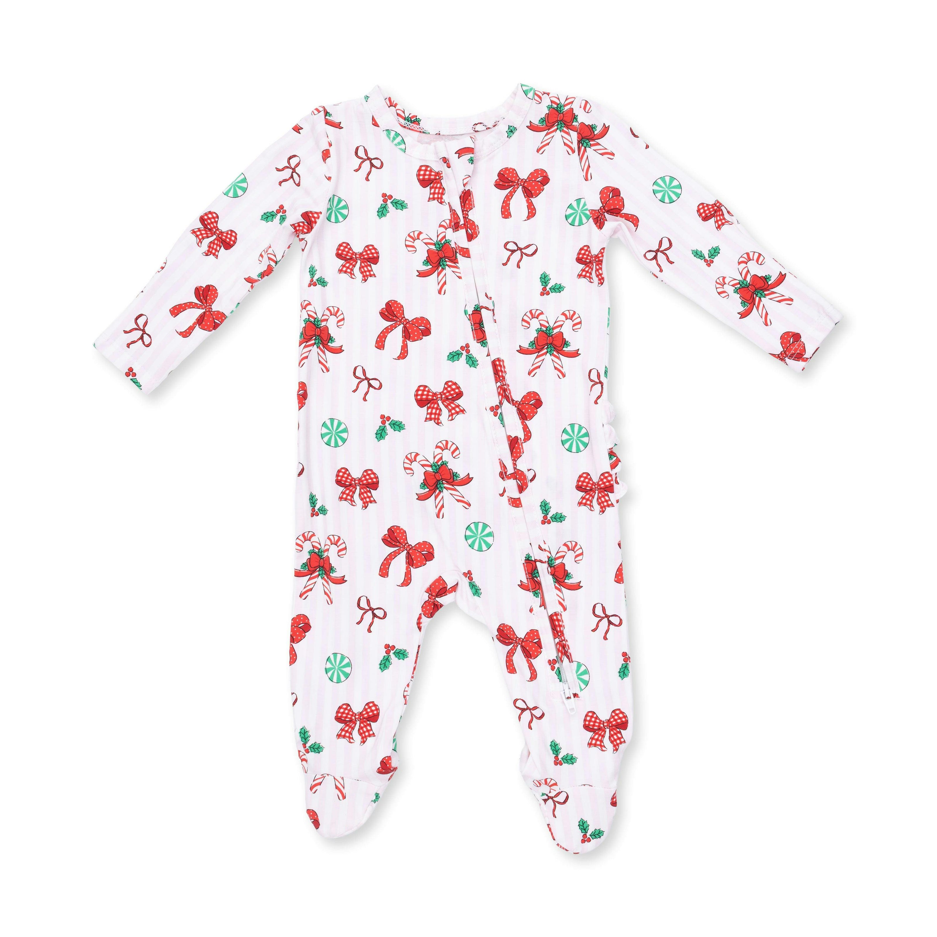 Bows & Candy Canes - Bamboo - 2 Way Ruffle Back Zipper Footie