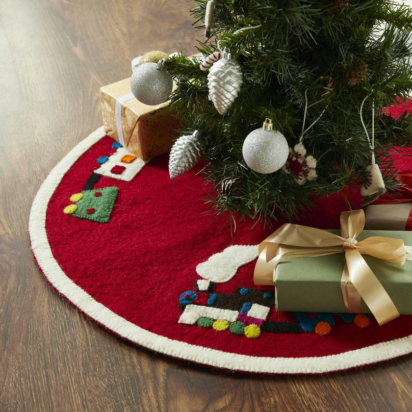 Handmade Toy Train Red Christmas Tree Skirt Felt 26"/60" Arcadia Home