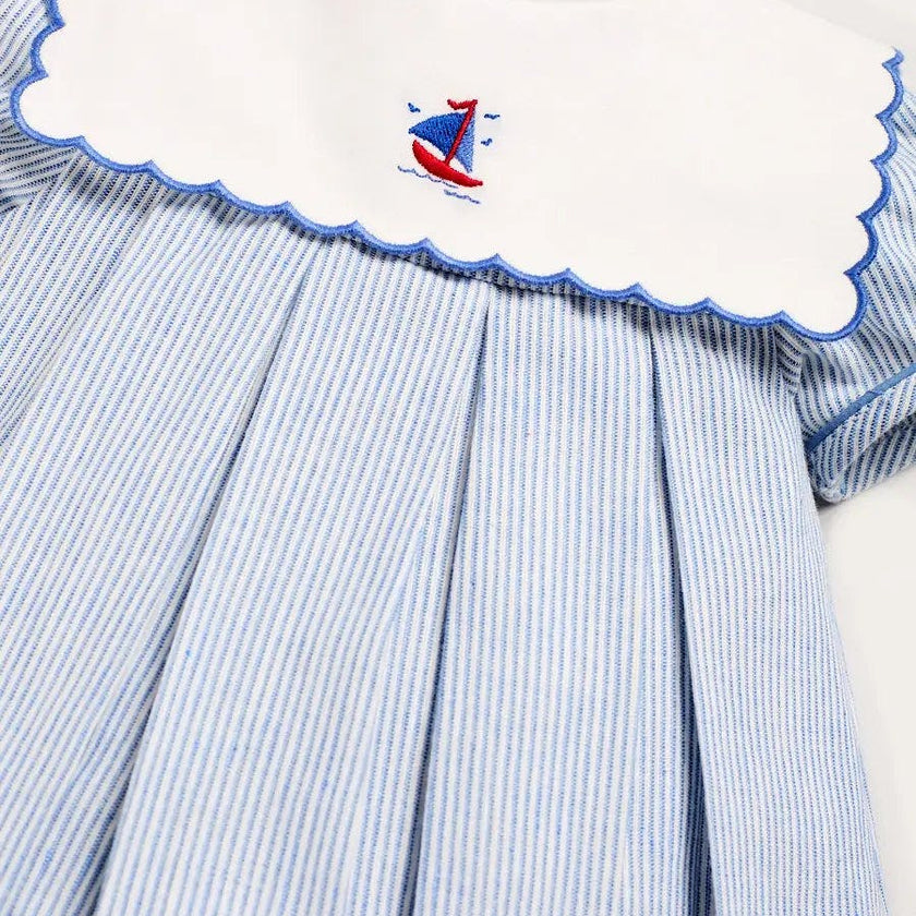 Alexander Stripe Mariner Collar Embroidered Boat Detail Dress with Bloomers in Blue (6mths-3yrs)