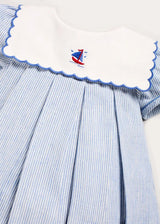 Alexander Stripe Mariner Collar Embroidered Boat Detail Dress with Bloomers in Blue (6mths-3yrs)