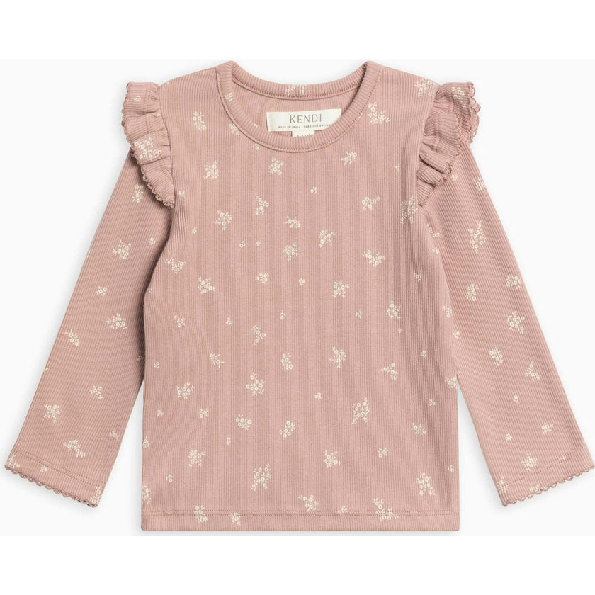 KENDI Rina Ribbed Ruffle Long Sleeve Top
