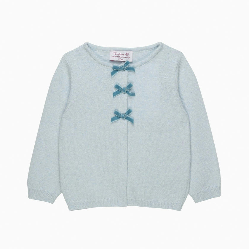 Baby Velvet Bow Cardigan in Pale Blue