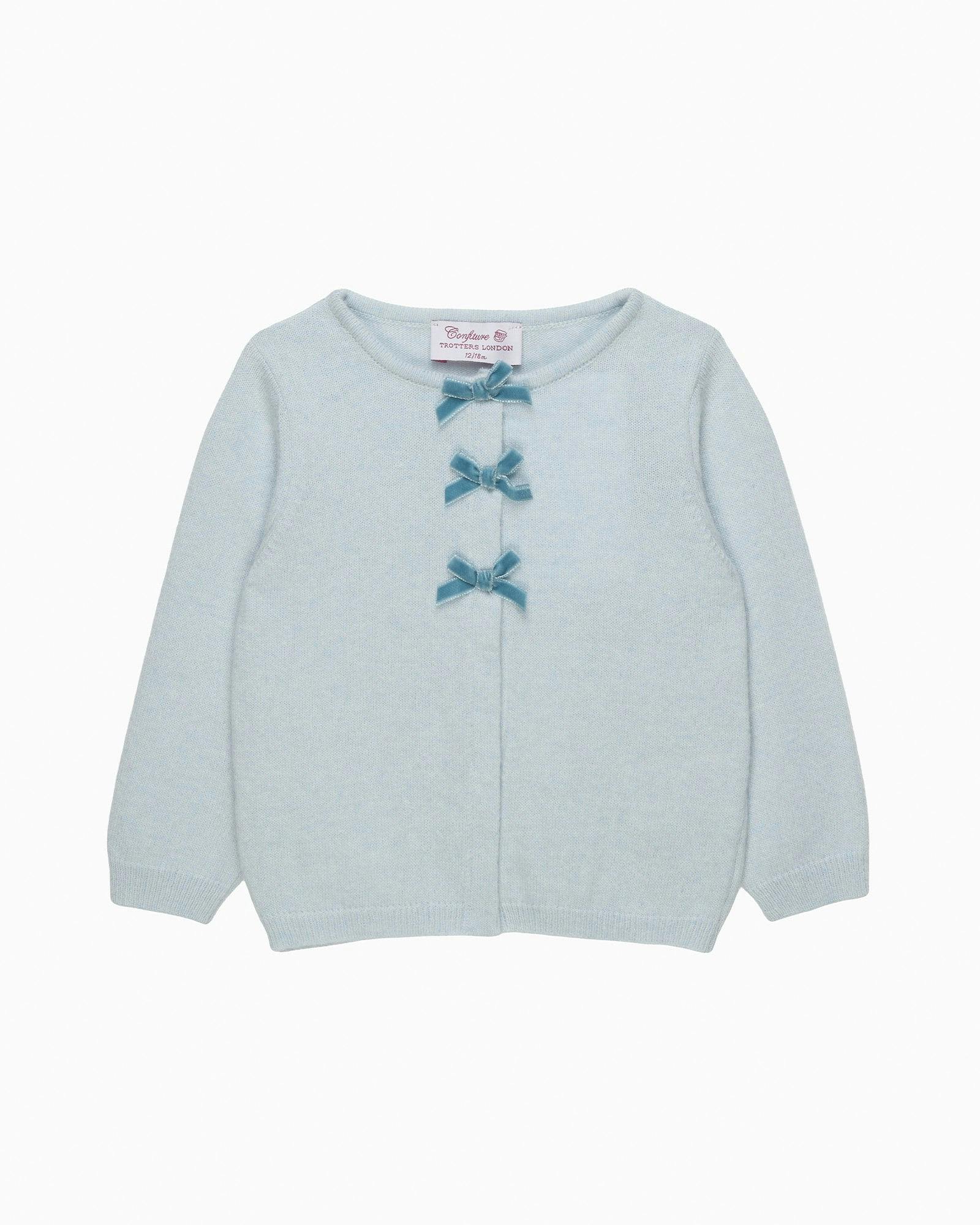Baby Velvet Bow Cardigan in Pale Blue
