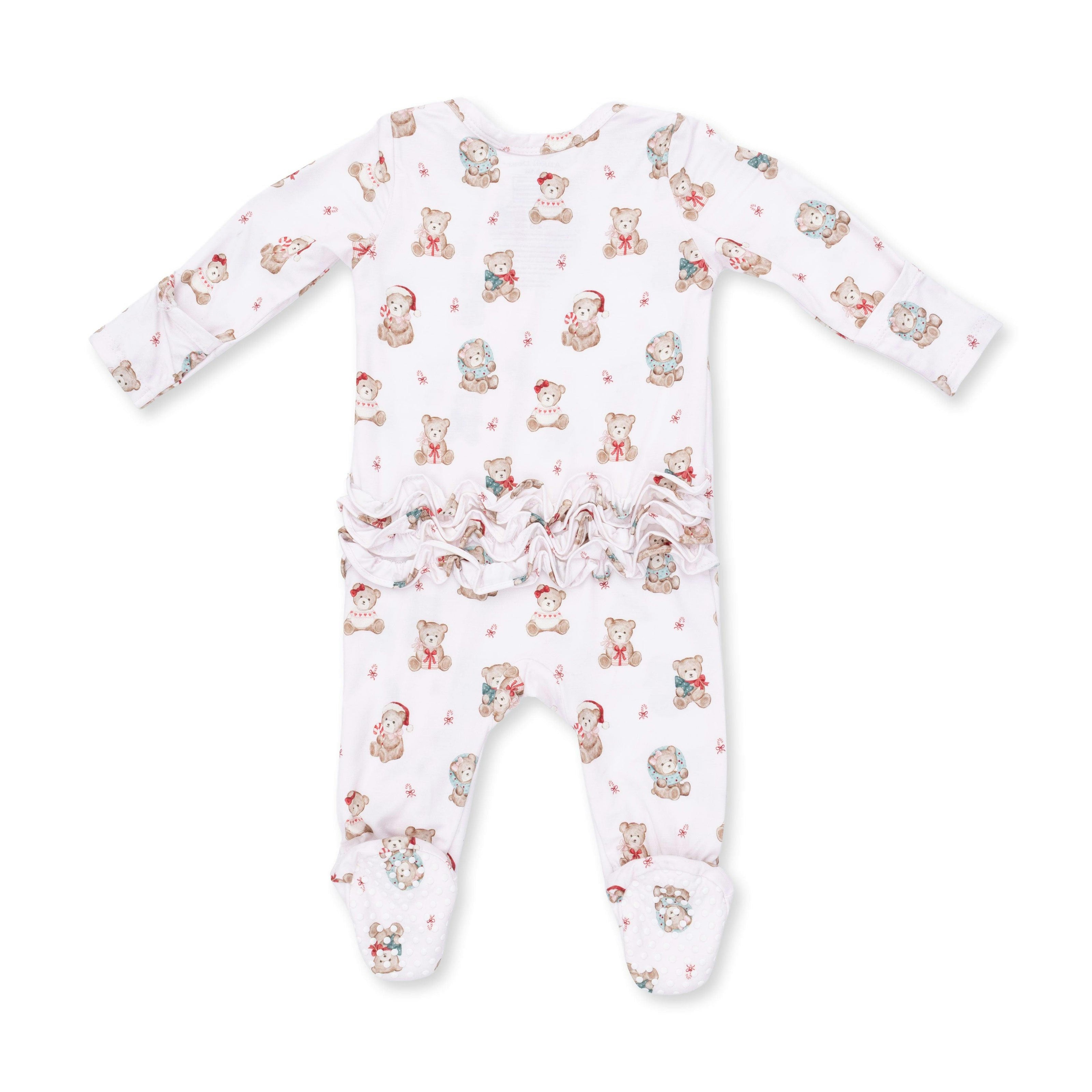 Christmas Teddy Bears Pink - Bamboo - 2 Way Ruffle Back Zipper Footie