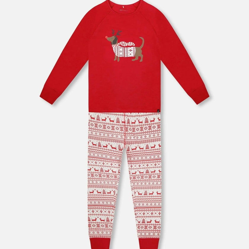 Adult Women Organic Cotton Two-Piece Pajamas Red and White Fairisle