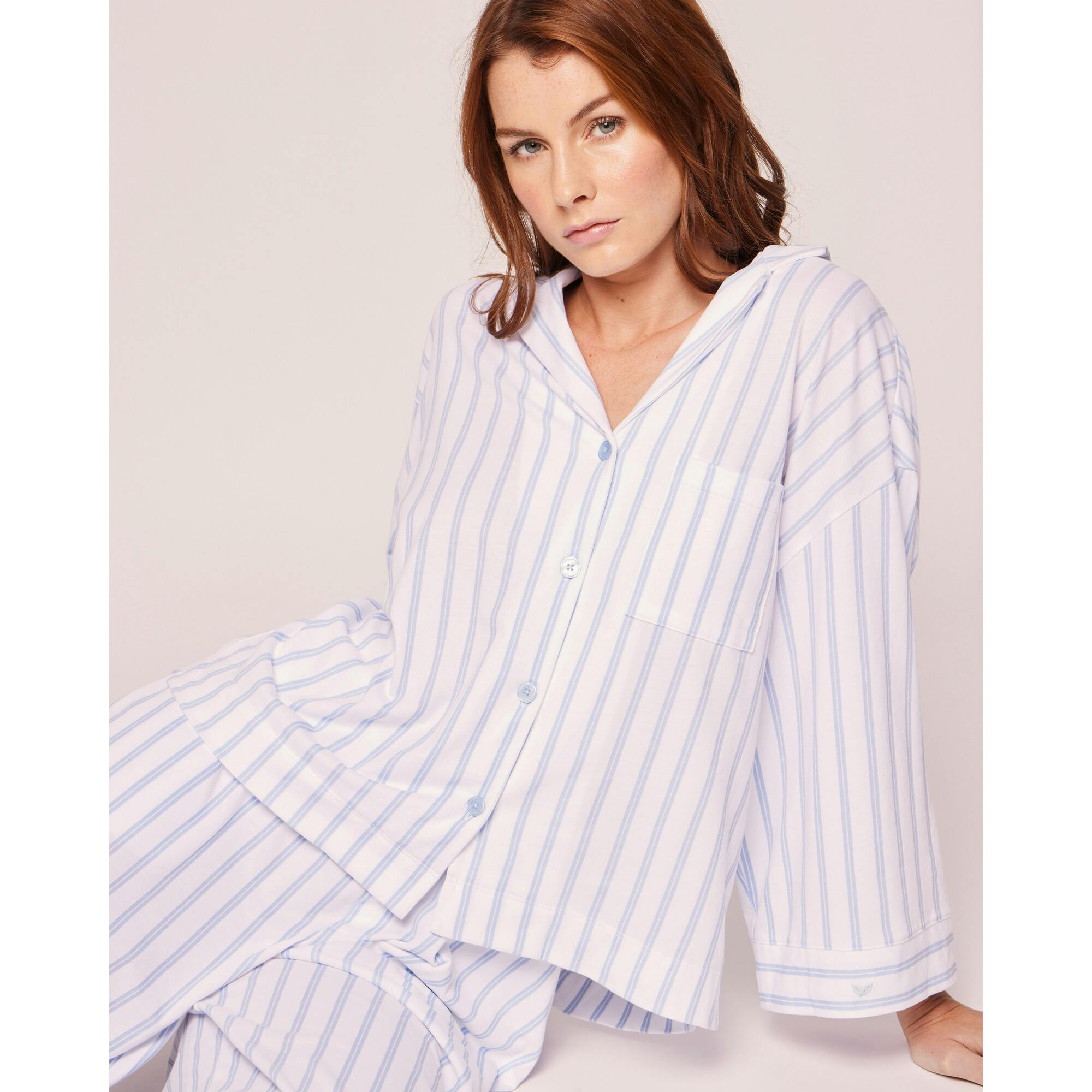 The Olivia Wide Leg Pima Pajama Set in Navy