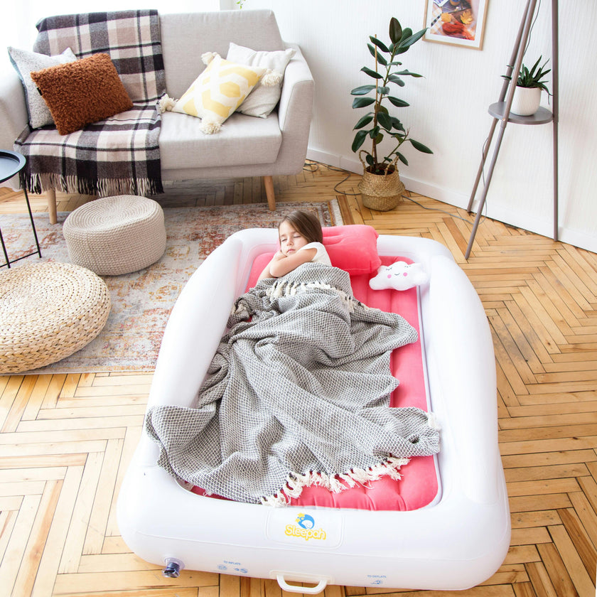 Sleepah Inflatable Toddler Travel Bed Portable Kids Air Mattress Set w Safety Bed Rail Guards for Kids & Toddlers – Set Includes Pump, Carry Case, Pillow