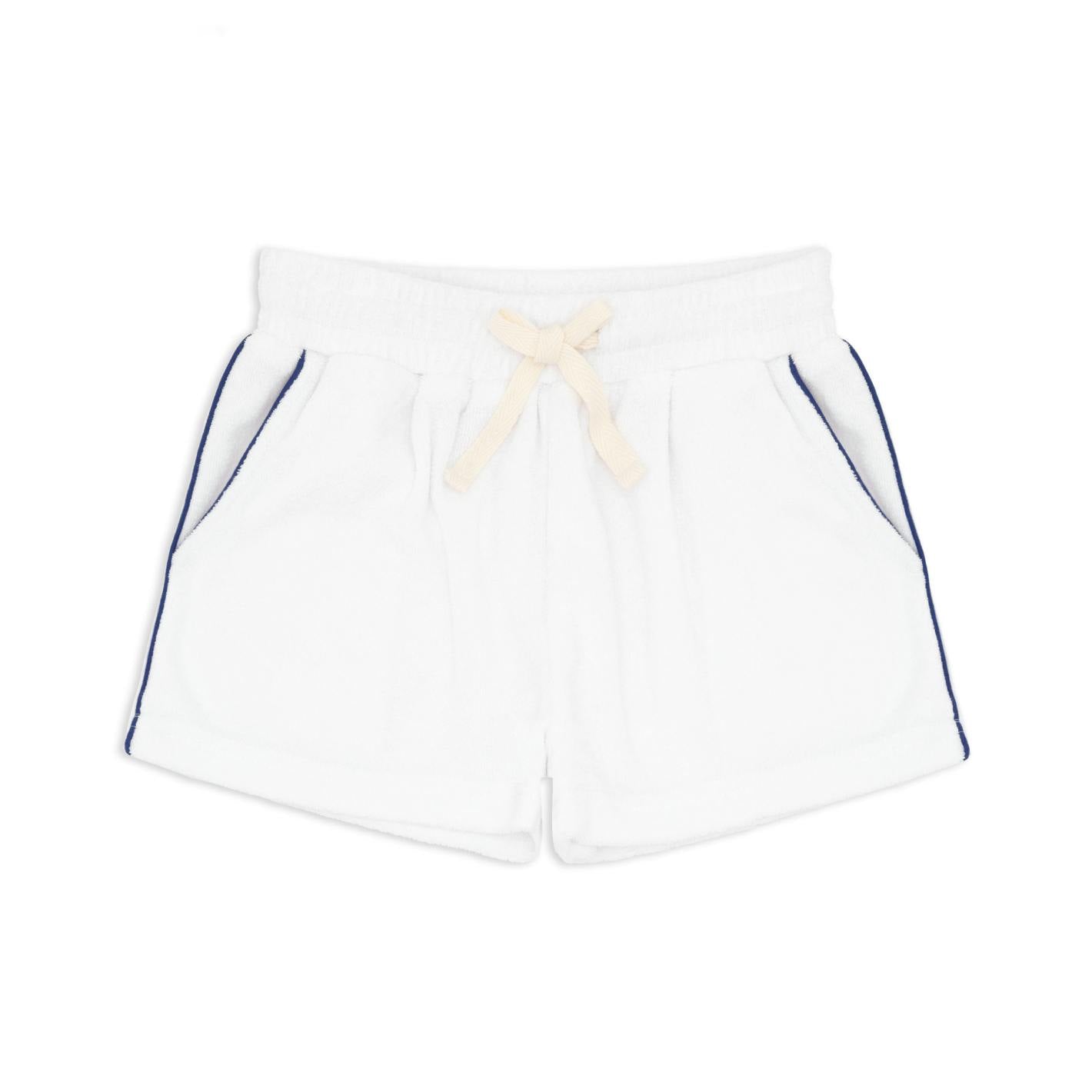 boys white french terry short with navy side piping