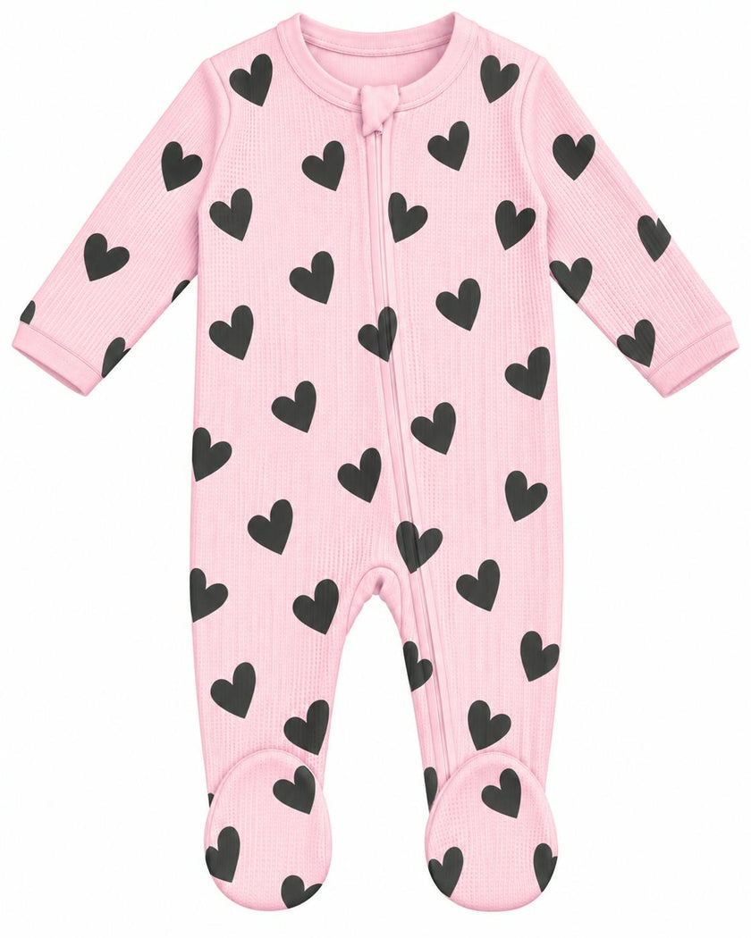 Baby Thermal Footie - Pink Chenille Hearts
