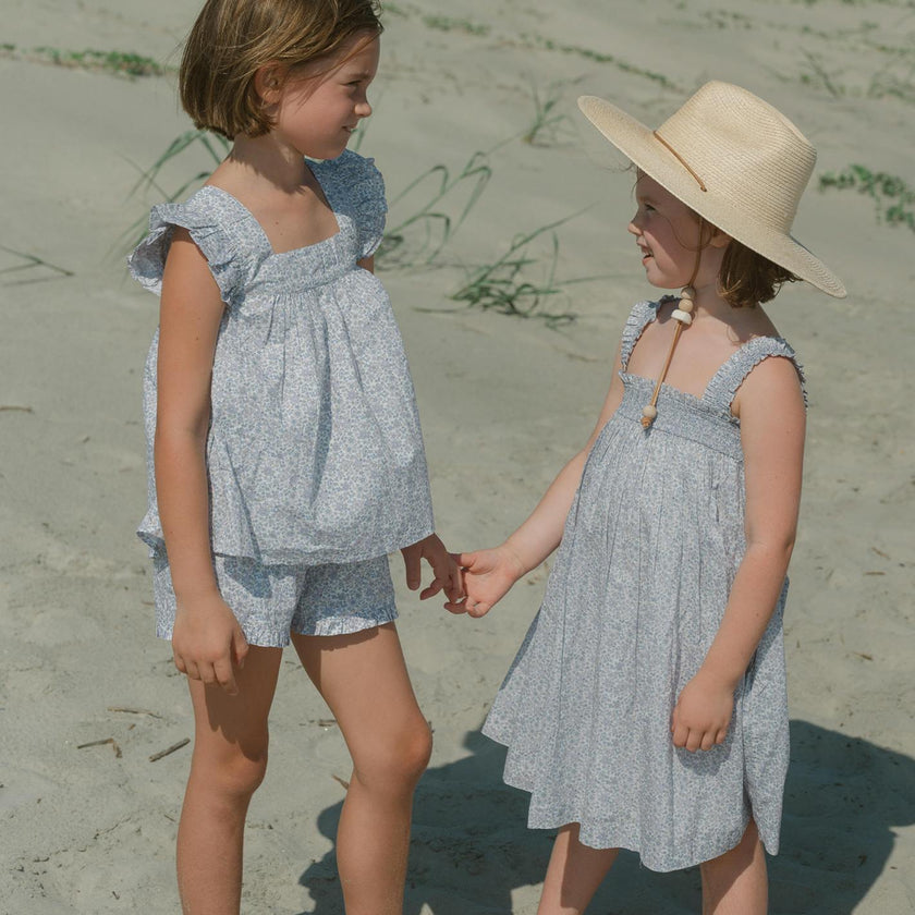 girls slate floral ruffle strap smocked dress