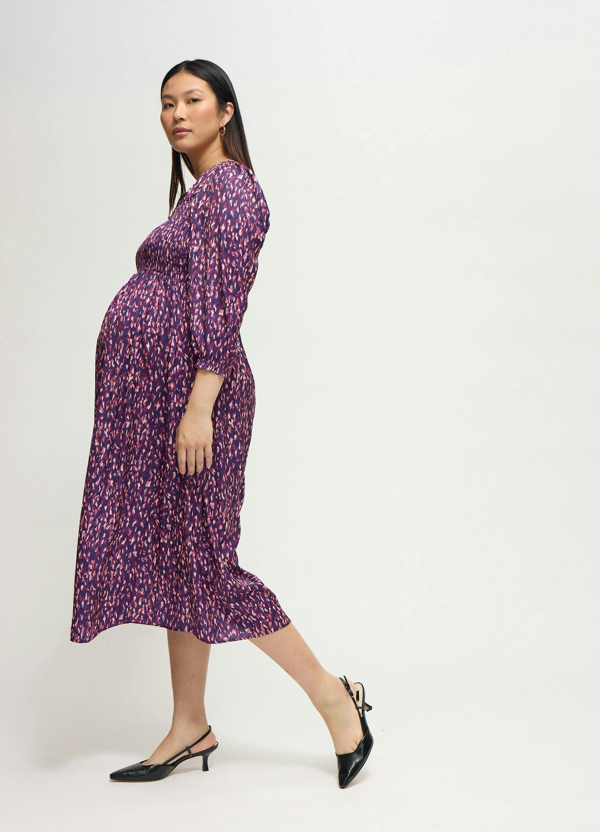 Smocked Sateen Maternity and Nursing Midi Dress