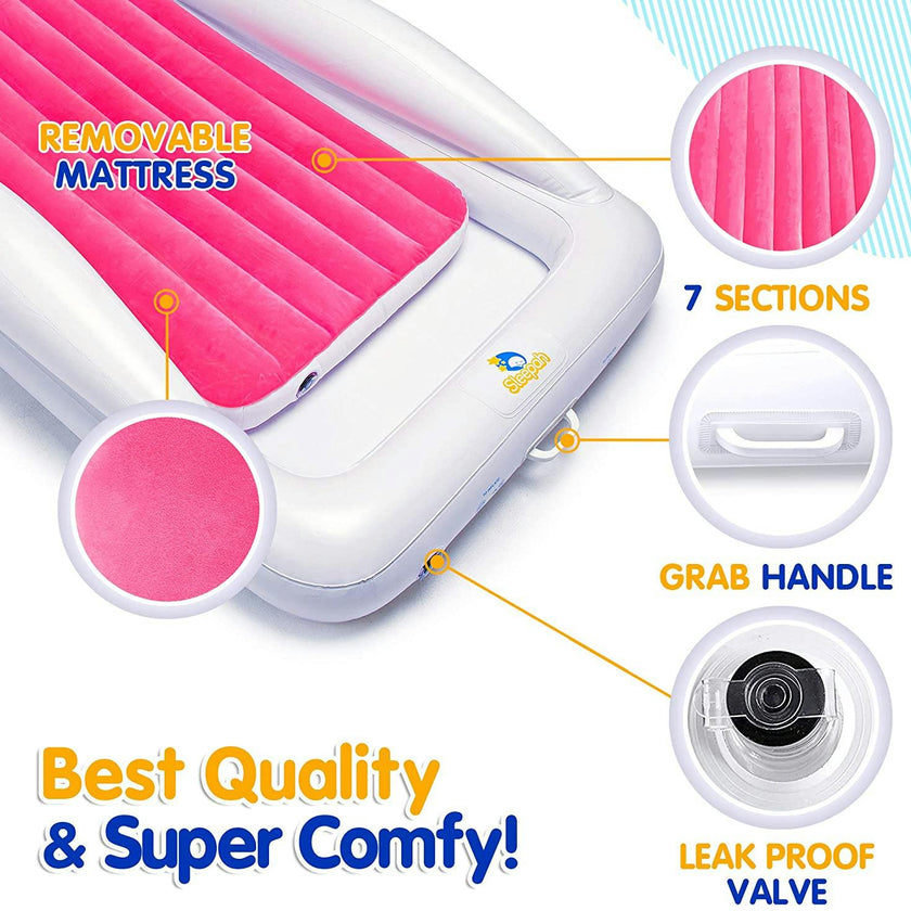 Sleepah Inflatable Toddler Travel Bed Portable Kids Air Mattress Set w Safety Bed Rail Guards for Kids & Toddlers – Set Includes Pump, Carry Case, Pillow