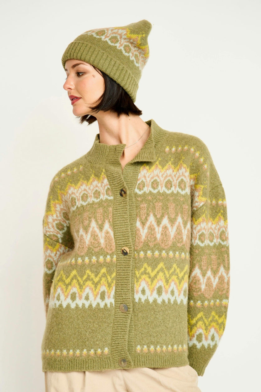 Cusco Fairisle Knit Cardigan in Olive Oil